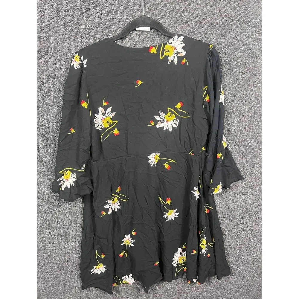 Free People Time On My Side Black Floral Print Wrap Dress Mini Womens Sz Medium